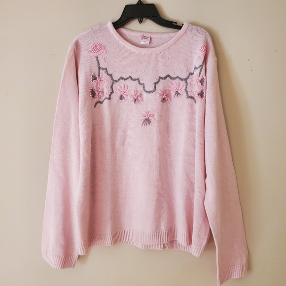 Vintage Sweaters - Vintage Embroidered Monochromatic Pink Grandmacore Crewneck Sweater Size XXL